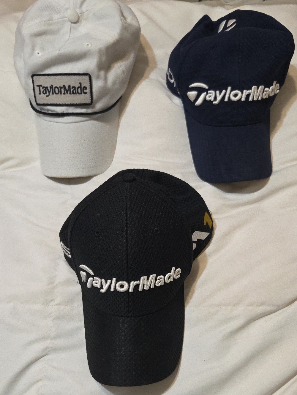 Lot Of 3 TaylorMade Trio: Black, Navy & White Golf Caps Set